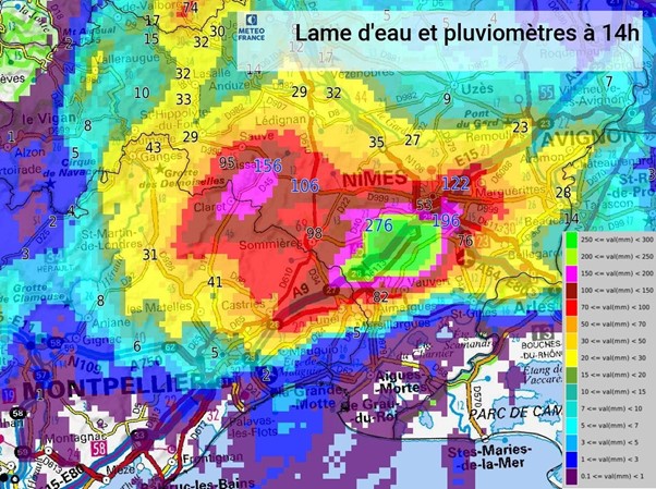 Lame d'eau et pluviométrie inondations Nîmes
